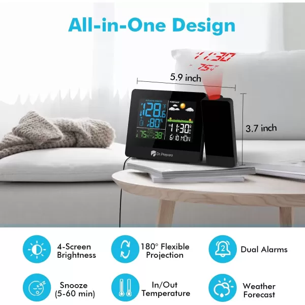 imageDRPREPARE Projection Alarm Clock Adjustable Projection Focus Wireless Indoor Outdoor Temperature Humidity Monitor 180 Projector Snooze Weather Forecast Dual Alarms for Bedroom Heavy SleeperStandard