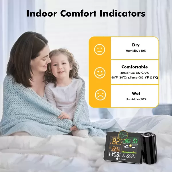imageDRPREPARE Projection Alarm Clock Adjustable Projection Focus Wireless Indoor Outdoor Temperature Humidity Monitor 180 Projector Snooze Weather Forecast Dual Alarms for Bedroom Heavy SleeperUpgrade