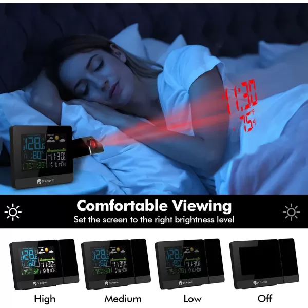 imageDRPREPARE Projection Alarm Clock Adjustable Projection Focus Wireless Indoor Outdoor Temperature Humidity Monitor 180 Projector Snooze Weather Forecast Dual Alarms for Bedroom Heavy SleeperStandard