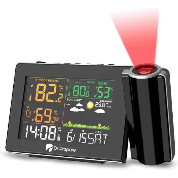imageDRPREPARE Projection Alarm Clock Adjustable Projection Focus Wireless Indoor Outdoor Temperature Humidity Monitor 180 Projector Snooze Weather Forecast Dual Alarms for Bedroom Heavy SleeperUpgrade