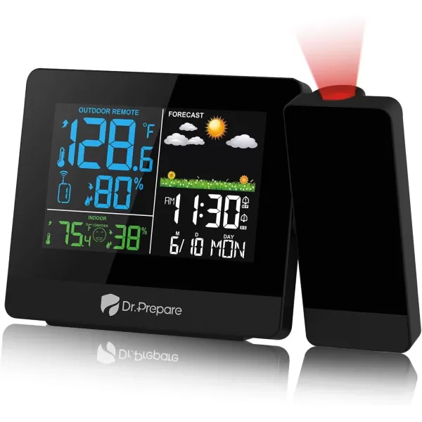 imageDRPREPARE Projection Alarm Clock Adjustable Projection Focus Wireless Indoor Outdoor Temperature Humidity Monitor 180 Projector Snooze Weather Forecast Dual Alarms for Bedroom Heavy SleeperStandard