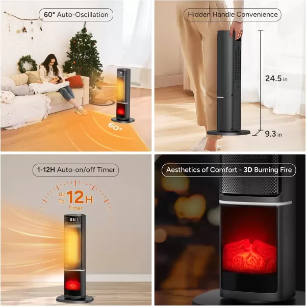 imageDRPREPARE Space Heater for Indoor Use 1500W Portable Electric Heater with ECO Thermostat ampamp 60Oscillation 16 Ceramic Tower Heater with Timer ampamp Remote Fast Heating Safe for Bedroom Office Home24 inch with 3D Flame