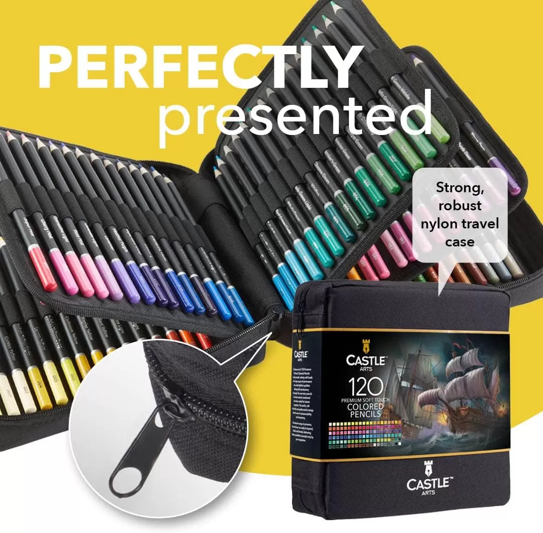 imageCastle Art Supplies 120 Colored Pencils ZipperCase Set  Quality Soft Core Colored Leads for Adult Artists Professionals and Colorists  In Neat Strong CarryAnywhere Zipper Case