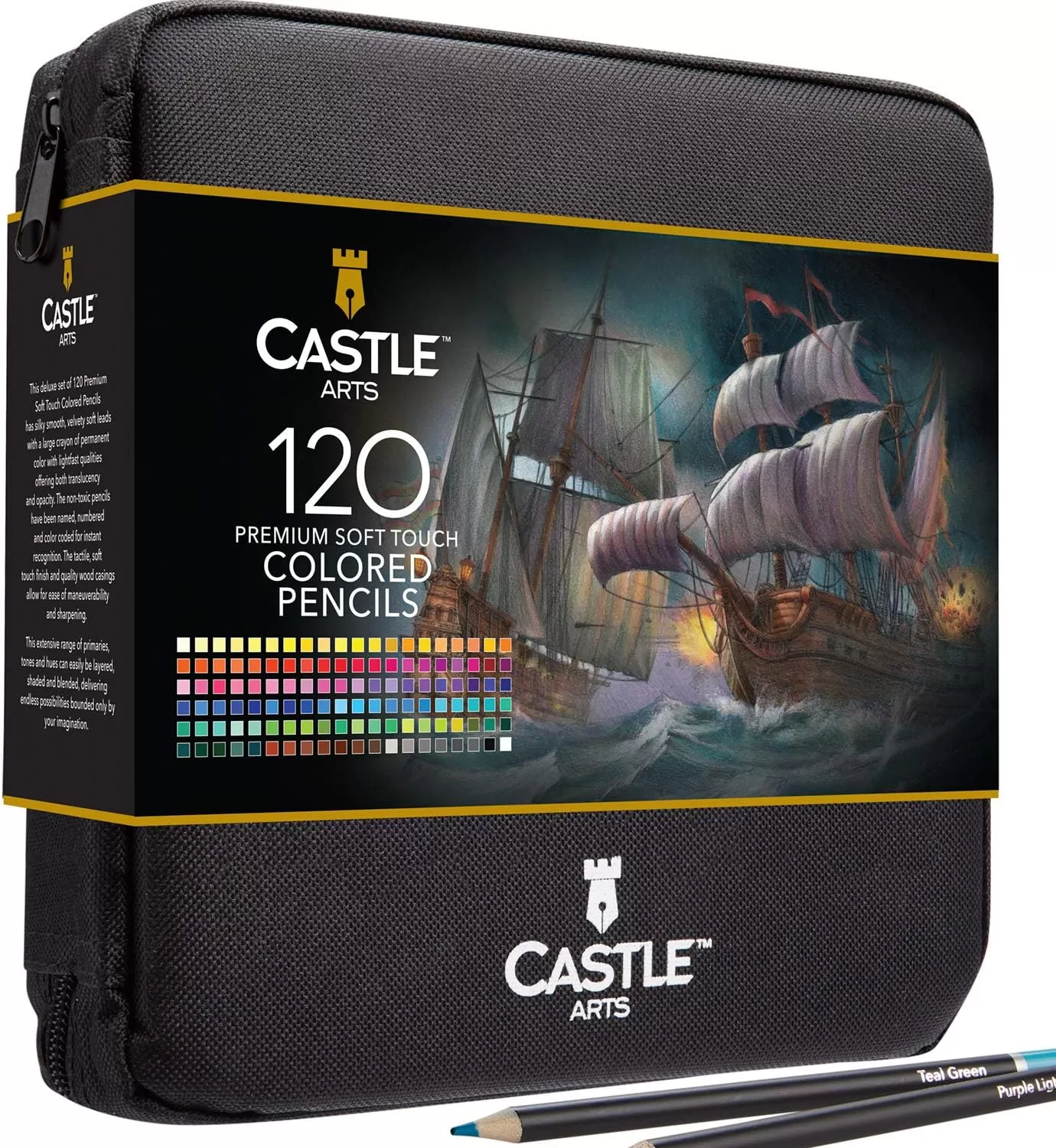 imageCastle Art Supplies 120 Colored Pencils ZipperCase Set  Quality Soft Core Colored Leads for Adult Artists Professionals and Colorists  In Neat Strong CarryAnywhere Zipper Case