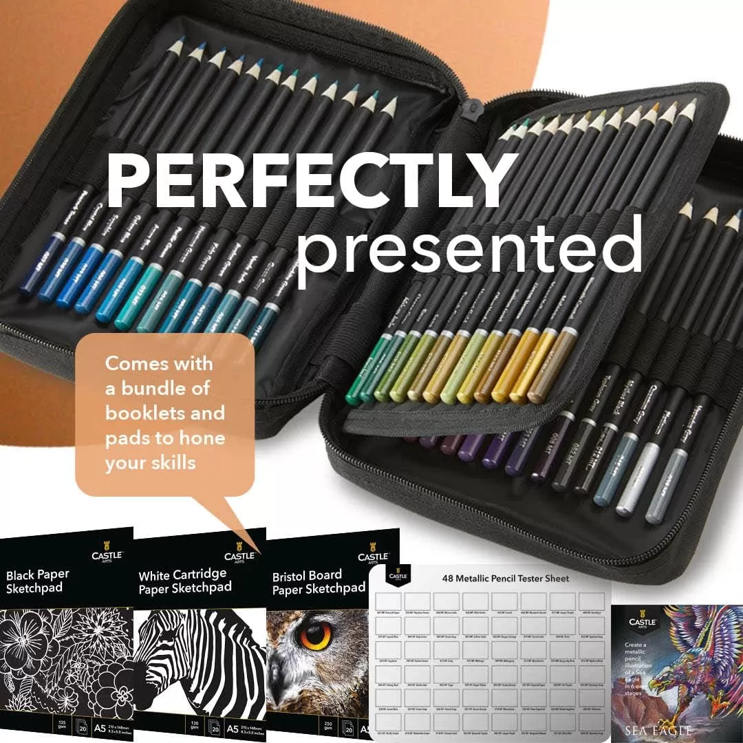 imageCastle Art Supplies 48 Metallic Colored Pencils Set with Extras  Quality Wax Cores with Shimmering Shades for Professional Adult Artists Colorists  In Strong Carryanywhere Zipper Case