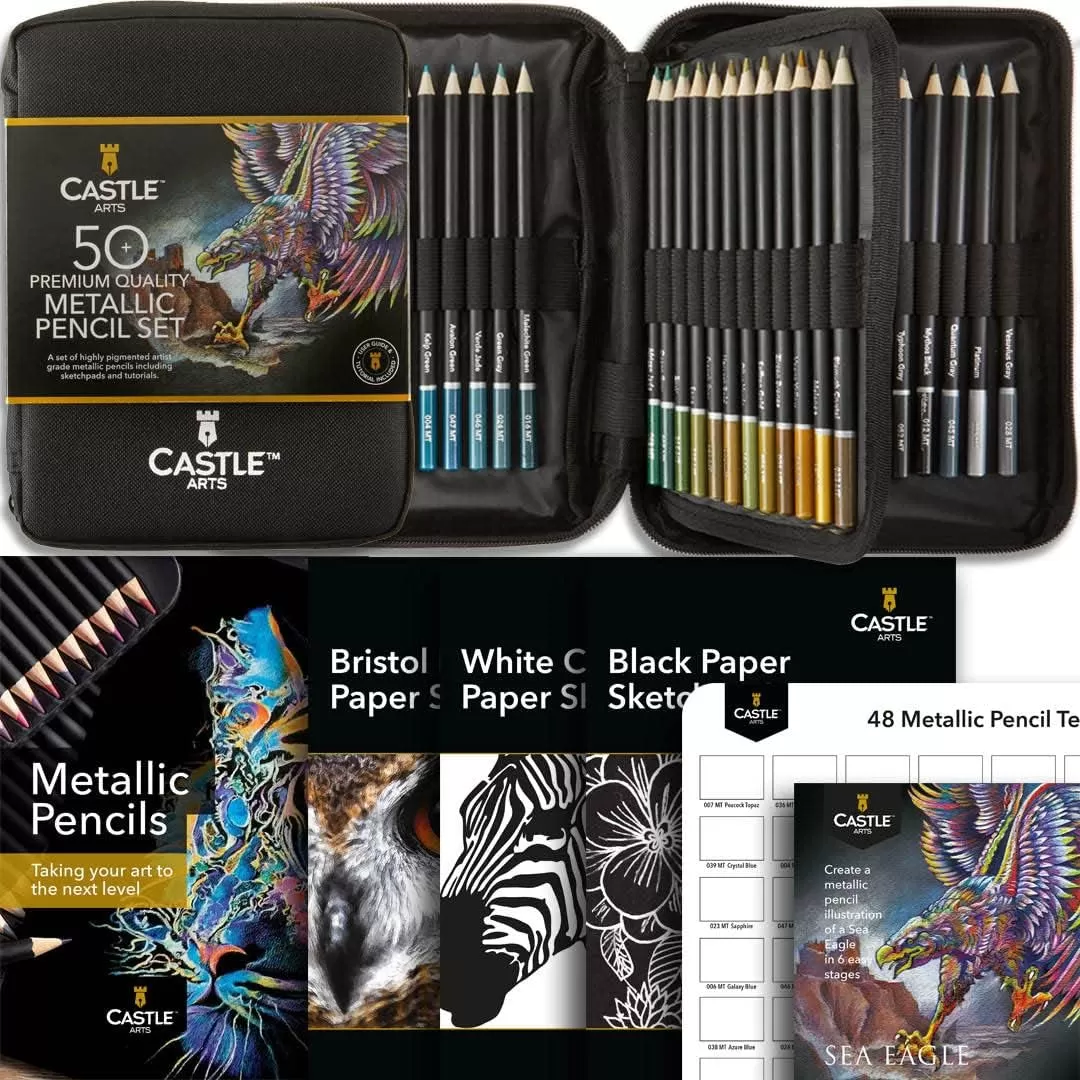 imageCastle Art Supplies 48 Metallic Colored Pencils Set with Extras  Quality Wax Cores with Shimmering Shades for Professional Adult Artists Colorists  In Strong Carryanywhere Zipper Case