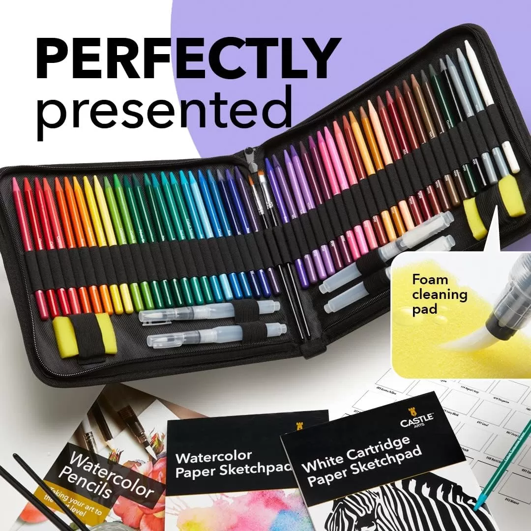 imageCastle Art Supplies 60 Piece Woodless Watercolor Pencils Set  48 Solid Pigmented Pencils Plus Extras  All Core No Wood  For Adult Artists Starters Colorists  In Strong Fabric Case