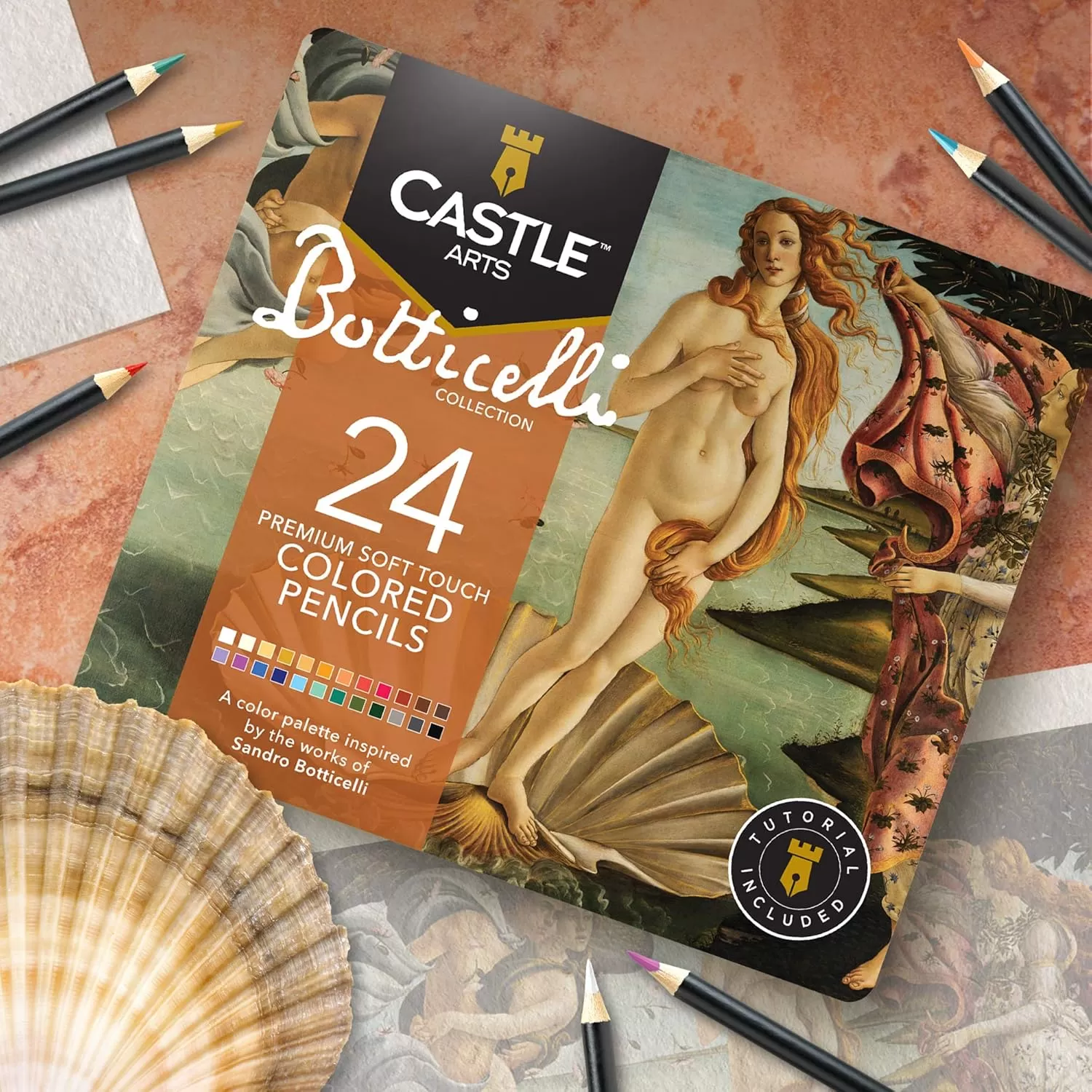 imageCastle Arts Themed 24 Colored Pencil Set in Tin Box perfect colors for Landscapes Featuring quality smooth colored cores superior blending ampamp layering performance achieving great resultsBotticelli