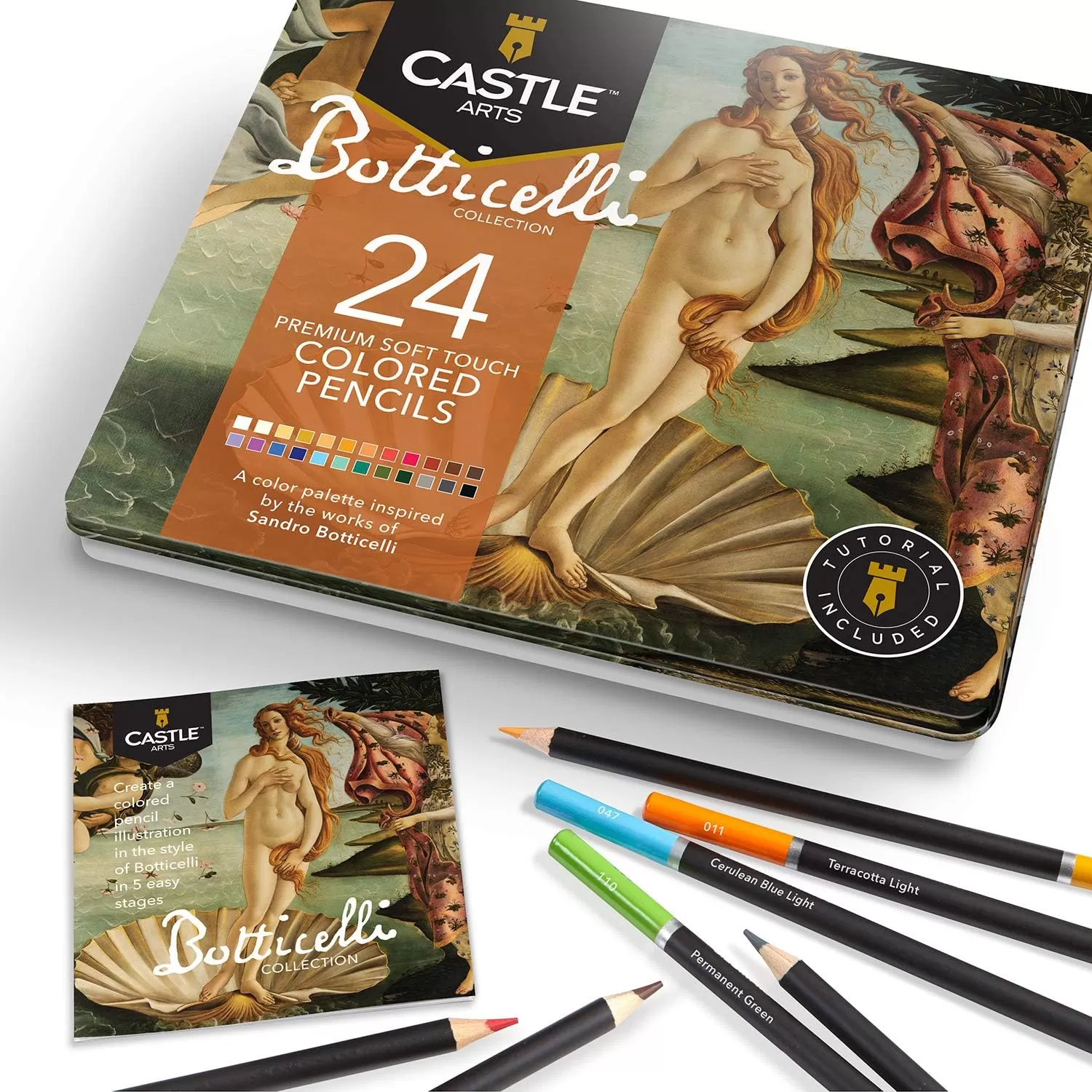 imageCastle Arts Themed 24 Colored Pencil Set in Tin Box perfect colors for Landscapes Featuring quality smooth colored cores superior blending ampamp layering performance achieving great resultsBotticelli