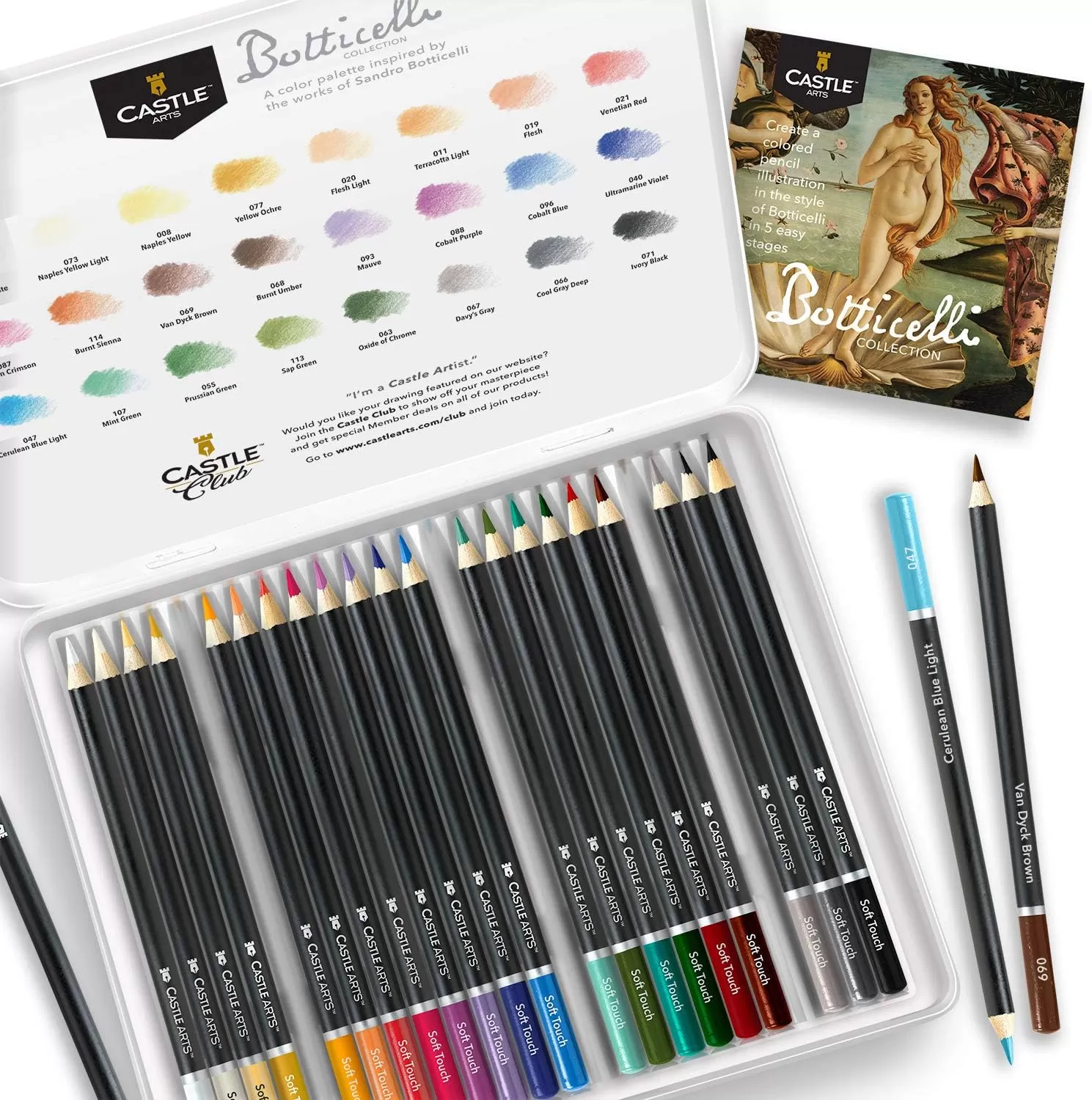 imageCastle Arts Themed 24 Colored Pencil Set in Tin Box perfect colors for Landscapes Featuring quality smooth colored cores superior blending ampamp layering performance achieving great resultsBotticelli