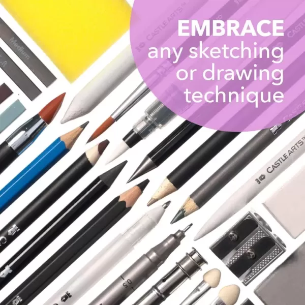 imageCastle Art Supplies 100 Piece Drawing ampamp Sketching Set  Graphite Charcoal Pastel Metallic ampamp Water Soluble Pencils  Sticks Fineliners  For Professionals Adult Artists  In Tough Travel Case