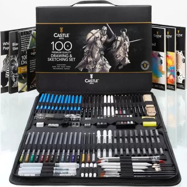 imageCastle Art Supplies 100 Piece Drawing ampamp Sketching Set  Graphite Charcoal Pastel Metallic ampamp Water Soluble Pencils  Sticks Fineliners  For Professionals Adult Artists  In Tough Travel Case