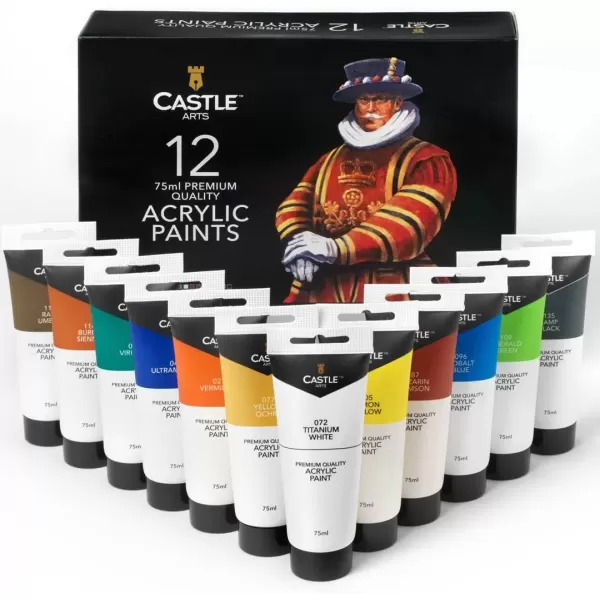 imageCastle Art Supplies 12 Large Acrylic 75ml Paint Tubes Set for Adults Beginner Artists Students  Ideal for Canvas Wood Ceramic Fabric and Nail Art254 Fl Oz Pack of 12