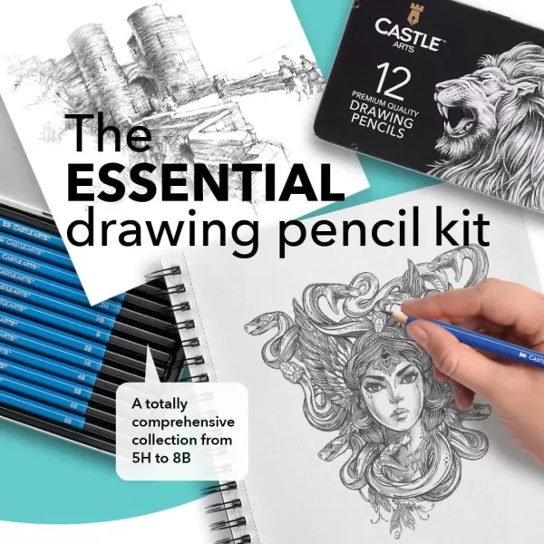 imageCastle Art Supplies 12 Piece Graphite Drawing Pencils Kit  For Adult Artists  Beginners and Advanced  Presented in Attractive Compact Sturdy Metal Case With Tutorial