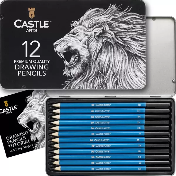 imageCastle Art Supplies 12 Piece Graphite Drawing Pencils Kit  For Adult Artists  Beginners and Advanced  Presented in Attractive Compact Sturdy Metal Case With Tutorial