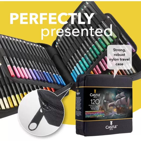 imageCastle Art Supplies 120 Colored Pencils ZipperCase Set  Quality Soft Core Colored Leads for Adult Artists Professionals and Colorists  In Neat Strong CarryAnywhere Zipper Case