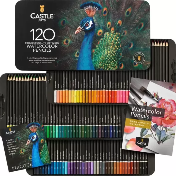 imageCastle Art Supplies 120 Watercolor Pencils Set  Quality Vibrant Pigments  Draw and Paint at Same Time  For Adult Artists and Professionals  Protected and Organized in Presentation Tin