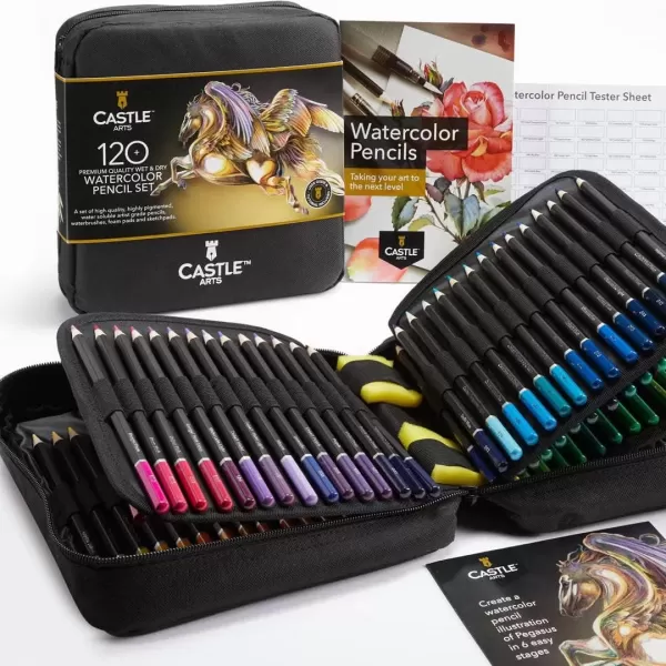 imageCastle Art Supplies 120 Watercolor Pencils Set with Extras  Quality Vibrant Pigments  Draw and Paint at the Same Time  For Adult Hobbyists Professionals  In Carryanywhere Travel Case