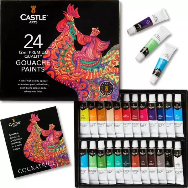imageCastle Art Supplies 24 Piece Gouache Tube Set  24 x 12ml Brilliant Opaque WaterBased Colors  Versatile Easy to Use for Adult Artists Beginners Professionals  In Strong Neat Presentation Box