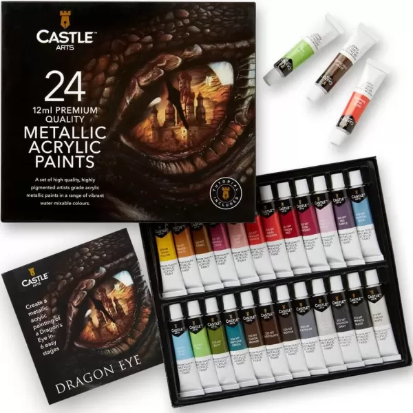 imageCastle Art Supplies 24 Piece Metallic Acrylic Tube Set  24 x 12ml Tubes for Adult Artists Beginners and Crafters Add Shimmering Quality on Variety of Surfaces  In Strong Beautifully Presented BoxMulticolor