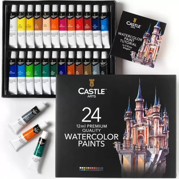 imageCastle Art Supplies 24 x 12ml Watercolor Paint Set  Value for Adult Artists  Quality Intense Colors  Just Squeeze the Tube Mix with Water and Get Creative  In Delightful Presentation BoxMulticolor
