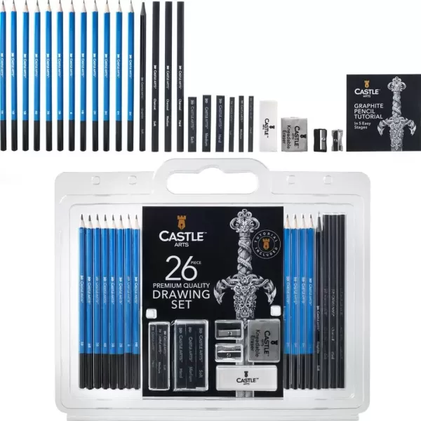 imageCastle Art Supplies 26 Piece Premium Drawing and Sketching Set  For Artists Professionals or Beginners  Pencils Charcoal Graphite and More  Arranged in CarryAnywhere Clamshell Case