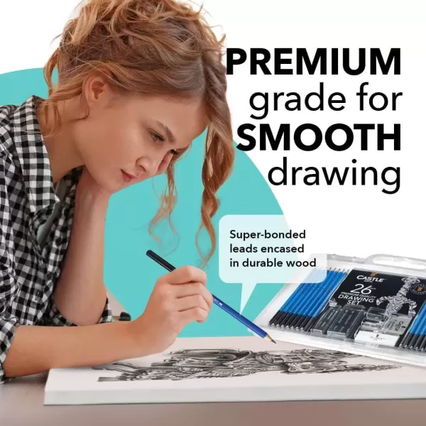 imageCastle Art Supplies 26 Piece Premium Drawing and Sketching Set  For Artists Professionals or Beginners  Pencils Charcoal Graphite and More  Arranged in CarryAnywhere Clamshell Case