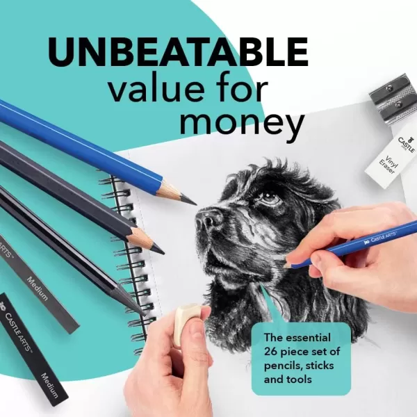 imageCastle Art Supplies 26 Piece Premium Drawing and Sketching Set  For Artists Professionals or Beginners  Pencils Charcoal Graphite and More  Arranged in CarryAnywhere Clamshell Case