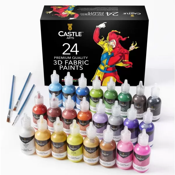 imageCastle Art Supplies 3D Fabric Paint Set  24 Quality Vibrant Colors in 29ml Bottles  For Artists For Crafters For Fun  Clothing Textile Canvas Glass Wood Shoes  In Strong Selection Box