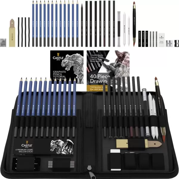 imageCastle Art Supplies 40 Piece Premium Drawing and Sketching Set With Tutorial  For Artists Professionals or Beginners  Pencils Charcoal Graphite and More  In Neat CarryAnywhere Zipper Case