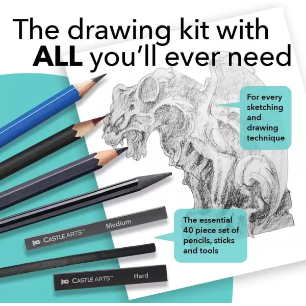 imageCastle Art Supplies 40 Piece Premium Drawing and Sketching Set With Tutorial  For Artists Professionals or Beginners  Pencils Charcoal Graphite and More  In Neat CarryAnywhere Zipper Case