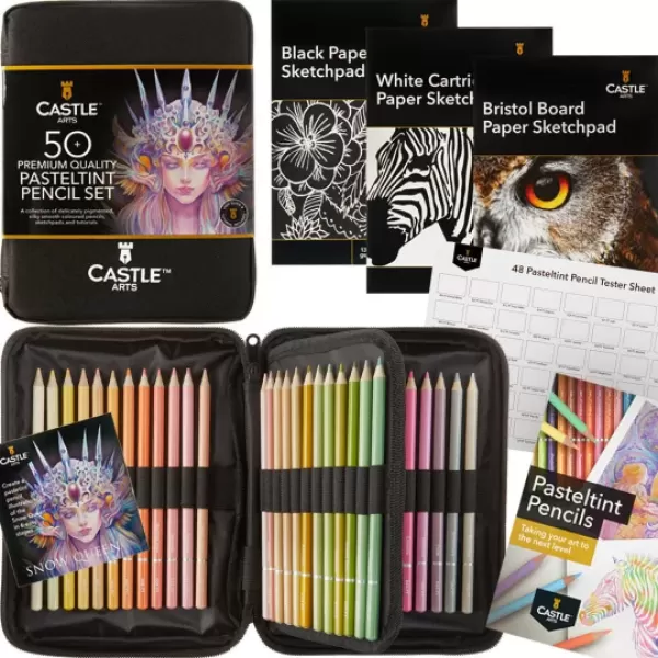 imageCastle Art Supplies 48 Pasteltint Colored Pencils Set with Extras  Quality Colors in Softer Sumptuous Tones  For Professional and Adult Artists  In Neat Strong Zipper Travel Case