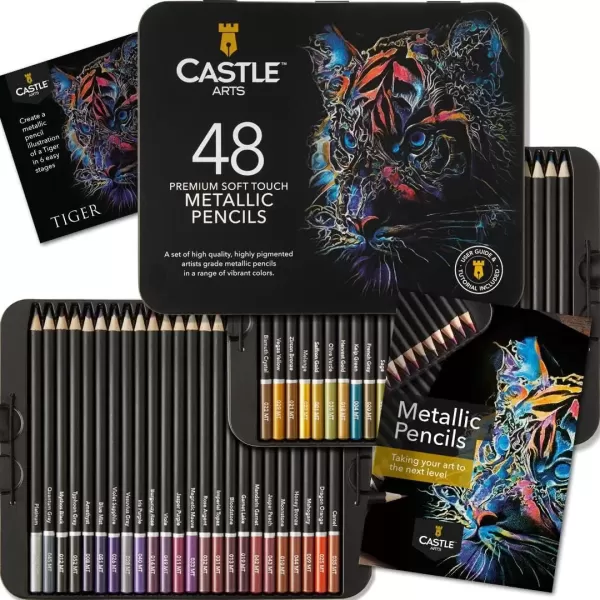 imageCastle Art Supplies 48 Piece Metallic Colored Pencil Set  48 Shimmering Shades with Wax Cores for Professional Adult Artists and Colorists  Protected and Organized in Presentation Tin Box