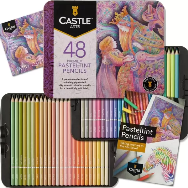 imageCastle Art Supplies 48 Piece Pasteltint Tin Colored Pencils Set  Quality Colors in Softer Sumptuous Tones  For Professional and Adult Artists  Protected and Organized in Presentation Tin Box