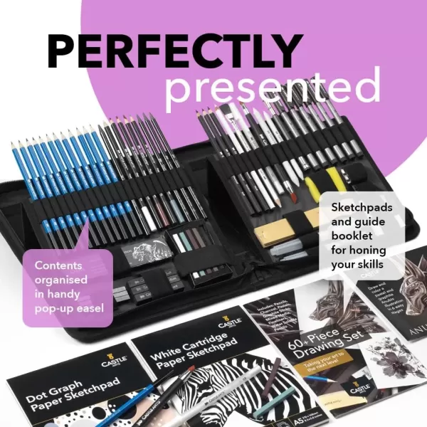 imageCastle Art Supplies 60 Piece Drawing ampamp Sketching Set  Quality Graphite Charcoal Pastel Water Soluble Pencils  Sticks Fineliners  For Professional and Adult Artists  In CarryAnywhere Zip Case