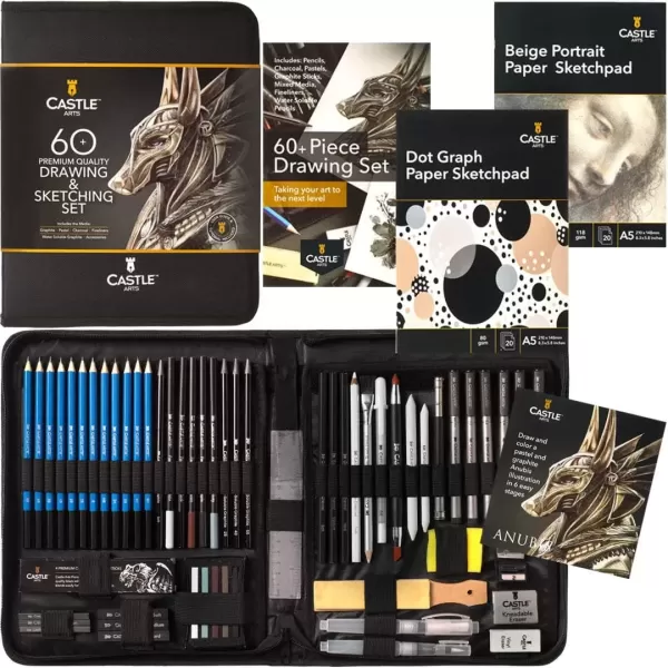 imageCastle Art Supplies 60 Piece Drawing ampamp Sketching Set  Quality Graphite Charcoal Pastel Water Soluble Pencils  Sticks Fineliners  For Professional and Adult Artists  In CarryAnywhere Zip Case