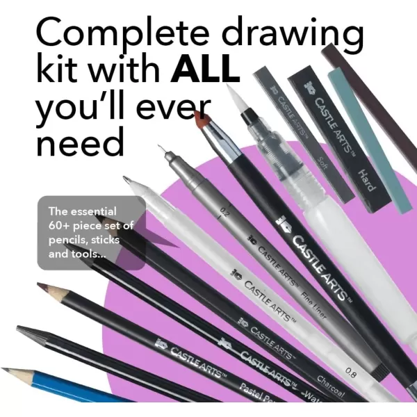 imageCastle Art Supplies 60 Piece Drawing ampamp Sketching Set  Quality Graphite Charcoal Pastel Water Soluble Pencils  Sticks Fineliners  For Professional and Adult Artists  In CarryAnywhere Zip Case