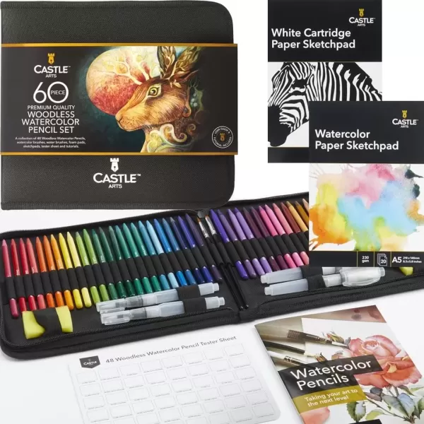 imageCastle Art Supplies 60 Piece Woodless Watercolor Pencils Set  48 Solid Pigmented Pencils Plus Extras  All Core No Wood  For Adult Artists Starters Colorists  In Strong Fabric Case