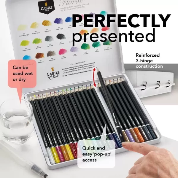 imageCastle Art Supplies FloralBotanical Watercolor Pencils Set  24 Quality Selected Vibrant Colors  Draw and Paint at the Same Time  For Adult Artists and Gifting  In Special Tin Box