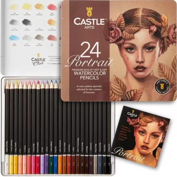 imageCastle Art Supplies Portraits Themed Watercolor Pencils Set  24 Quality Selected Vibrant Colors  Draw and Paint at the Same Time  For Adult Artists and Gifting  In Special Tin Box