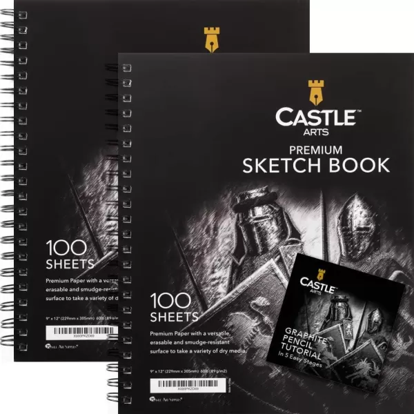 imageCastle Art Supplies Premium Sketch Book 9in x 12in  Double Sketch Pad Pack  200 Sheets of Quality 90gsm Paper  for Adult Artists and Learners  Spiral Bound for Versatility
