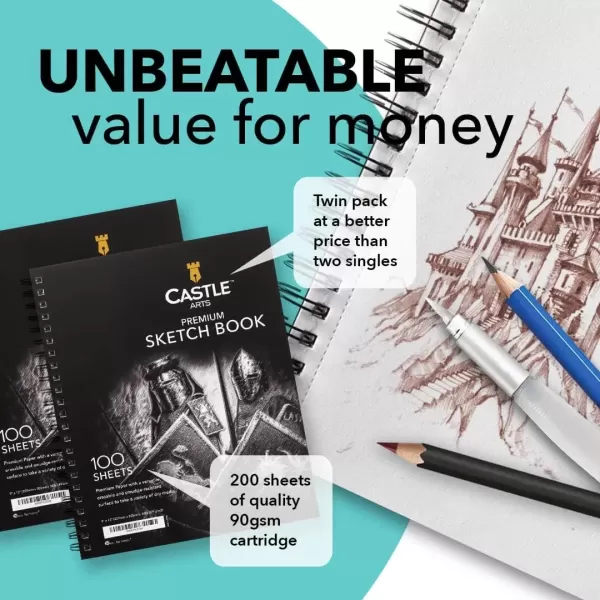 imageCastle Art Supplies Premium Sketch Book 9in x 12in  Double Sketch Pad Pack  200 Sheets of Quality 90gsm Paper  for Adult Artists and Learners  Spiral Bound for Versatility