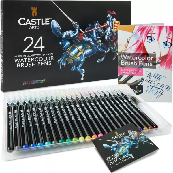 imageCastle Art Supplies Watercolor Brush Pens Set  24 Lively colors with Flexible Nylon Tips  For adult ColoringPainting Lettering  Artists and Beginners  Travel Case with Extra Water Brush Pen
