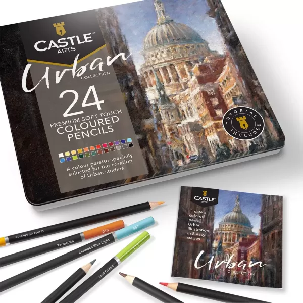 imageCastle Arts Themed 24 Colored Pencil Set in Tin Box perfect colors for Landscapes Featuring quality smooth colored cores superior blending ampamp layering performance achieving great resultsUrban Sketching