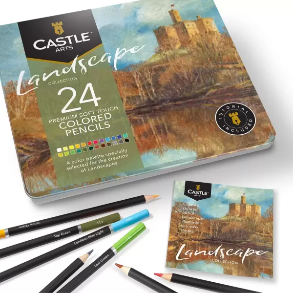 imageCastle Arts Themed 24 Colored Pencil Set in Tin Box perfect colors for Landscapes Featuring quality smooth colored cores superior blending ampamp layering performance achieving great resultsLandscape