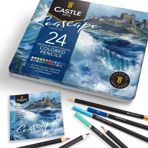 imageCastle Arts Themed 24 Colored Pencil Set in Tin Box perfect colors for Landscapes Featuring quality smooth colored cores superior blending ampamp layering performance achieving great resultsSeascape