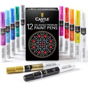 imageCastle Art Supplies 12 Oil Based Paint Pens Vibrant Premium Colored Markers for Adults Beginning Artists  Color on Rocks Stones Metal Wood Ceramic Vinyl Glass Plastic  Weather Resistant