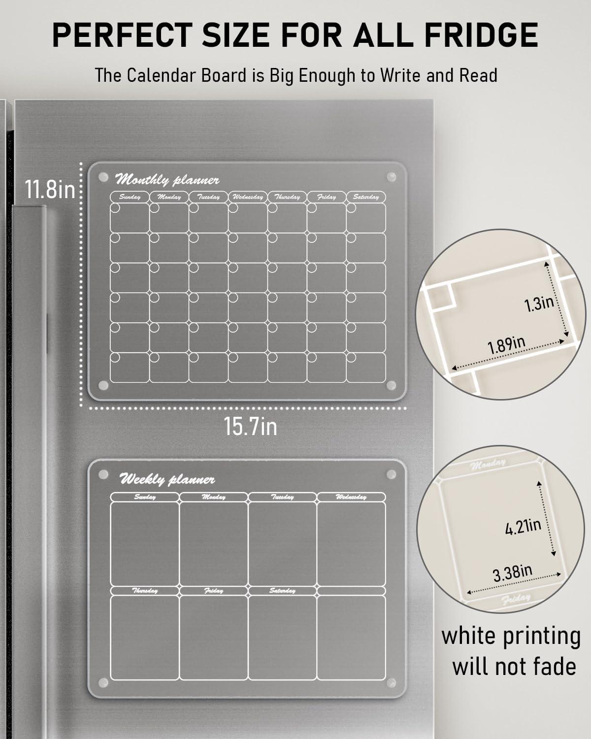 imageNicpro 2 PCS Magnetic Acrylic Calendar for Fridge Clear Calendar Dry Erase Board for Refrigerator Monthly Weekly Planning Board with 12 Color Markers Magnetic Pen Holder and Erase Towel16quotx12quot