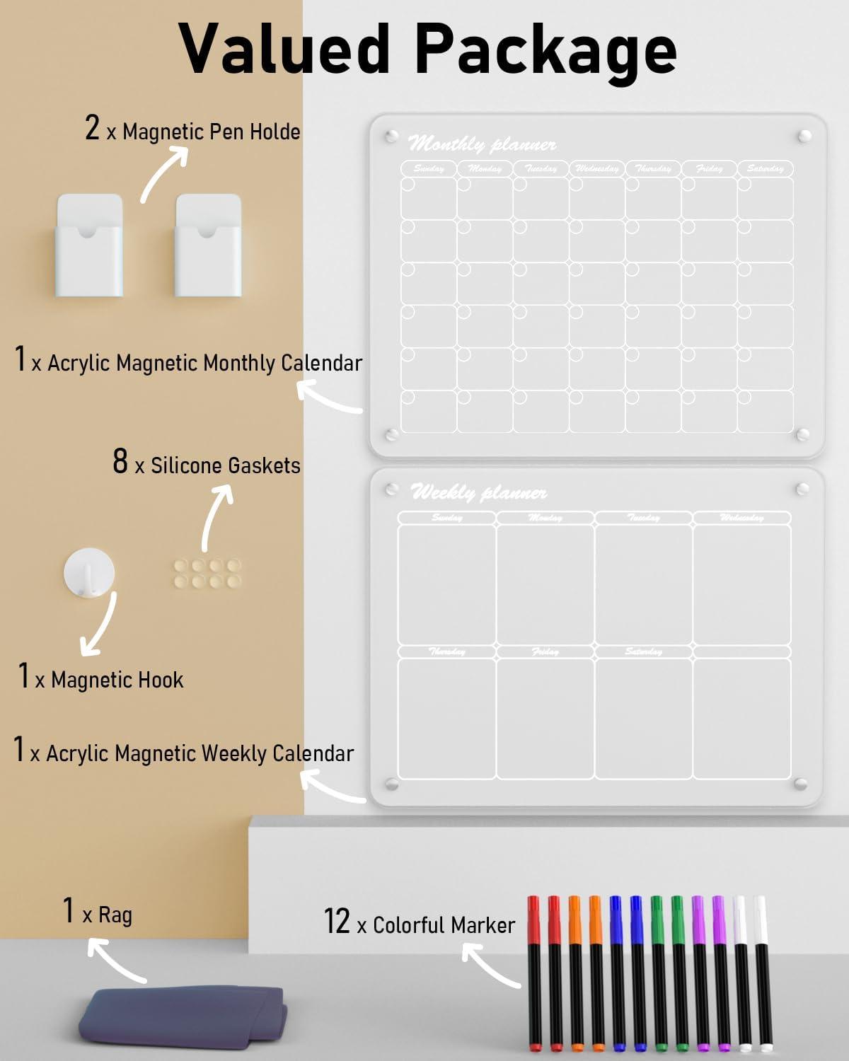 imageNicpro 2 PCS Magnetic Acrylic Calendar for Fridge Clear Calendar Dry Erase Board for Refrigerator Monthly Weekly Planning Board with 12 Color Markers Magnetic Pen Holder and Erase Towel16quotx12quot