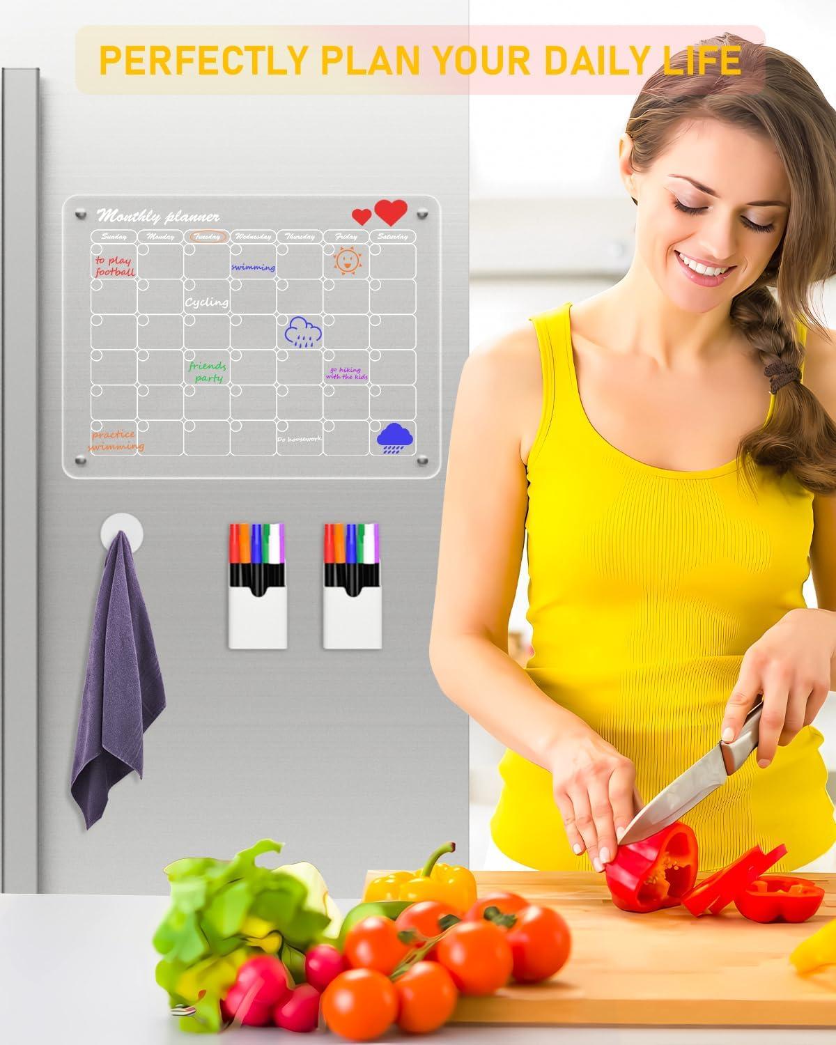imageNicpro 2 PCS Magnetic Acrylic Calendar for Fridge Clear Calendar Dry Erase Board for Refrigerator Monthly Weekly Planning Board with 12 Color Markers Magnetic Pen Holder and Erase Towel16quotx12quot
